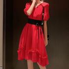 Short-sleeve Belted Midi A-line Dress