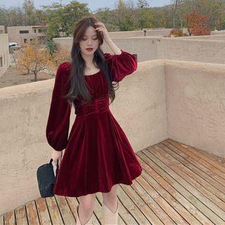Plain Crewneck Ruched Lantern-sleeve Velvet Mini A-line Dress