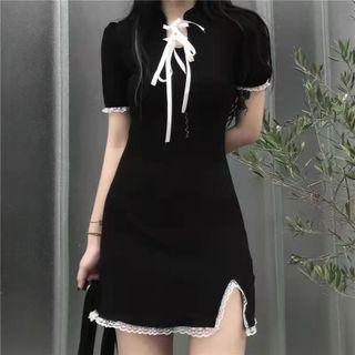 Short-sleeve Tie-front Lace Trim Mini Bodycon Dress