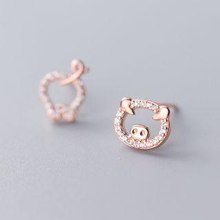 925 Sterling Silver Non-matching Rhinestone Pig Earring
