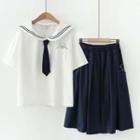 Short-sleeve Sailor Collar Shirt / A-line Skirt