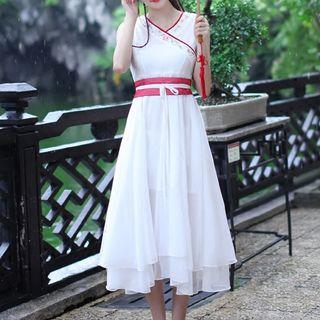V-neck Embroidered Sleeveless A-line Dress
