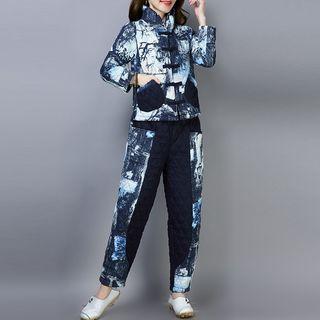 Set: Print Frog-button Jacket + Wide-leg Pants