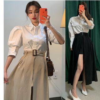 Plain Puff Sleeve Blouse / Front-slit Midi A-line Skirt