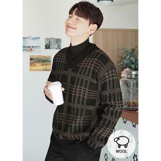 V-neck Wool Blend Plaid Sweater