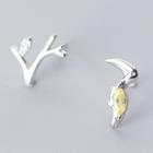 Non-matching 925 Sterling Silver Rhinestone Bird & Branches Earring 1 Pair - S925 Silver - Silver - One Size