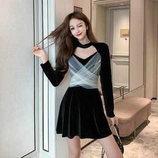 Mesh Panel Choker-neck Long-sleeve Mini A-line Dress