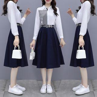 Set: Long-sleeve Striped Shirt + Midi A-line Skirt