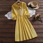 Long-sleeve Floral Embroidered Corduroy A-line Dress