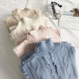 Fringed Mock Neck Cable Knit Sweater