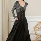 V-neck Panel Maxi A-line Dress