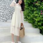 Long-sleeve Polka Dot Lace A-line Midi Dress Beige - One Size