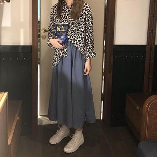 Long-sleeve Leopard-pattern Shirt / Midi A-line Skirt