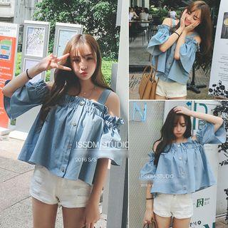 Cold Shoulder Chambray Short-sleeve Top