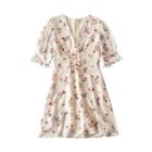 Floral Print Puff-sleeve Lace-up Mini A-line Dress