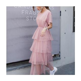 Round-neck Tiered-hem Long Dress