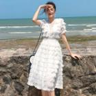 Short-sleeve Perforated Trim Fringed A-line Midi Dress