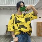 Camouflage Letter Print Elbow-sleeve T-shirt