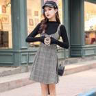 Set: Mock Neck Knitted Top + Plaid Pinafore Dress