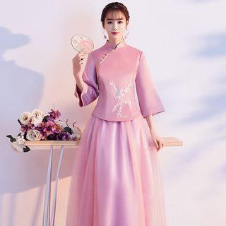 Chinese Style 3/4-sleeve Embroidered Maxi A-line Dress