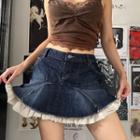 Low Waist Ruffled-trim Mini Denim Skirt