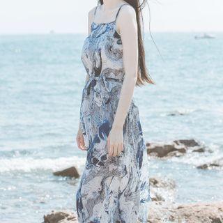 Spaghetti Strap Tie-dyed Midi A-line Dress Blue - One Size