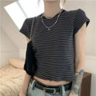 Cap Sleeve Striped Crop T-shirt Stripe - Black & Dark Gray - One Size