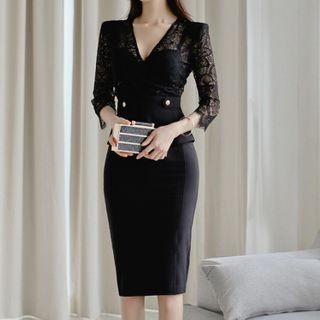 Set: Lace Panel 3/4-sleeve Blouse + Midi Pencil Skirt