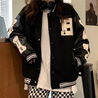 Letter Embroidered Faux Leather Baseball Jacket