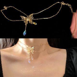 Faux Crystal Alloy Butterfly Choker 1 Pc - 0605a - Faux Crystal Alloy Butterfly Choker - One Size