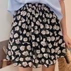 Flower Print Mini A-line Skirt / V-neck Short-sleeve Blouse