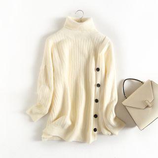 Turtleneck Button-up Ribbed Cardigan