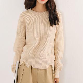 Round-neck Distressed-hem Knit Sweater
