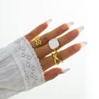Set Of 3: Square Glaze Alloy Ring + Cross Alloy Ring + Chained Alloy Ring