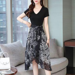 Short-sleeve V-neck Floral Print Wrap Dress