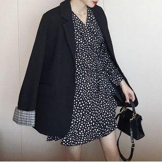 Dotted Print Long Sleeve A-line Dress / Plain Blazer