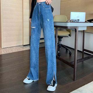 High-waist Distressed Slit Wide-leg Jeans