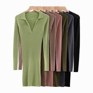 Polo-neck Ribbed Mini Knit Sheath Dress