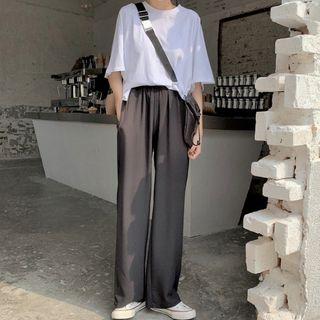 Elbow-sleeve Crew-neck T-shirt / High Waist Wide-leg Pants