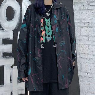 Long Sleeve Oversized Print Shirt As Shown In Figure - One Size
