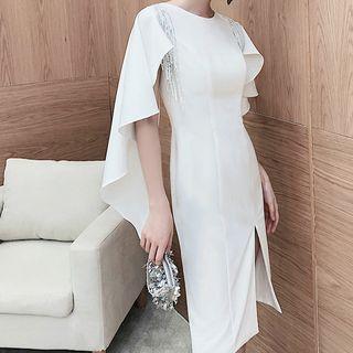 Ruffle-sleeve Sequin Fringe Sheath Cocktail Dress