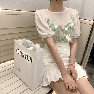 Mock Two Piece Floral Printed T-shirt / Ruffled Mermaid Skirt