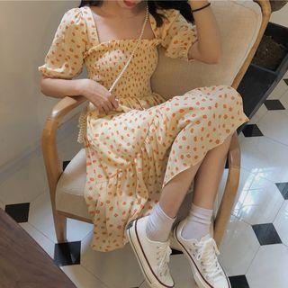 Short-sleeve Floral A-line Dress Tangerine - One Size