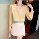 Long-sleeve V-neck Faux Pearl Embellished Blouse