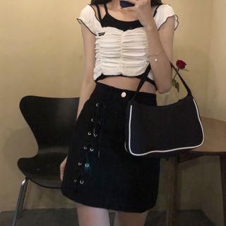 Off-shoulder Ruffled Trim Top / Camisole / Lace-up A-line Mini Skirt