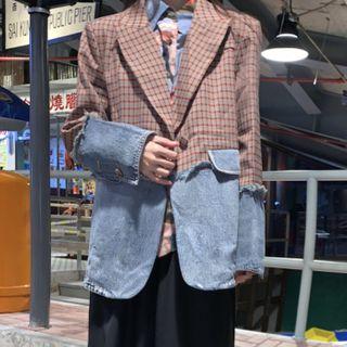 Denim Panel Plaid Blazer As Shown In Figure - One Size