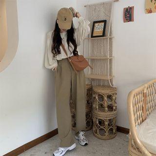 Set: Long Sleeve Plain Blouse + High Waist Loose-fit Straight Leg Pants