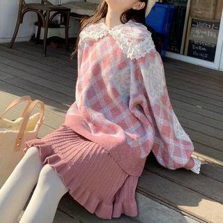 Lace Long-sleeve Top / Plaid Sweater / A-line Knit Skirt