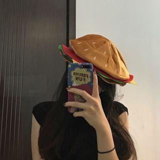 Burger Chenille Beret Hat Hamburger - Brown & Yellow & Green & Red - One Size