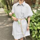 Set: Short-sleeve Striped Shirt Dress + Belt